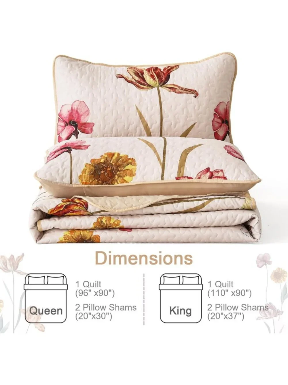Floral Quilt Set Queen Size - 3 Piece Beige Bedspread for Cozy Bedroom Decor